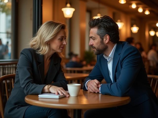 Élise Dupont et Marc Lambert, fondateurs de Verre Savant, discutant dans un café authentique à Paris.