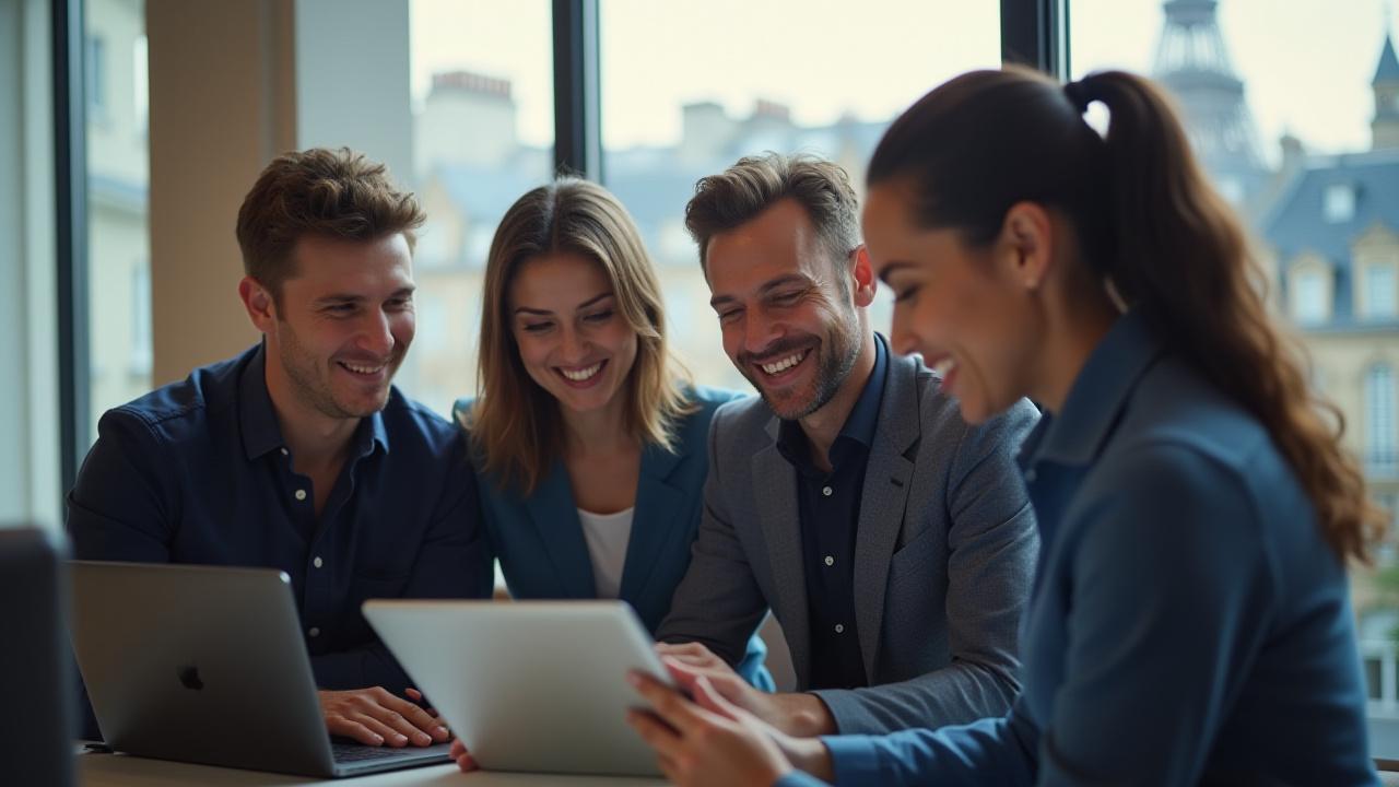 Image d'une équipe de tuteurs souriants et engagés de Verre Savant, travaillant ensemble dans un bureau moderne et lumineux à Paris.