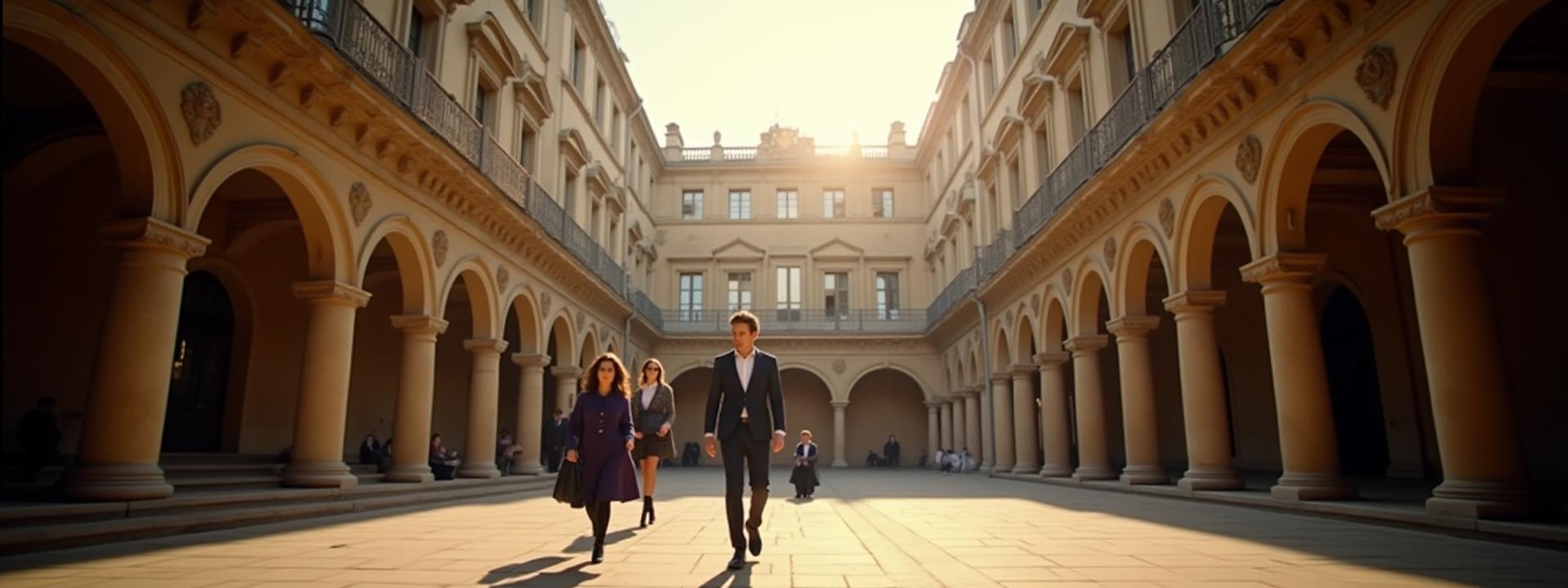 Campus universitaire prestigieux avec des étudiants, symbolisant l'excellence académique.