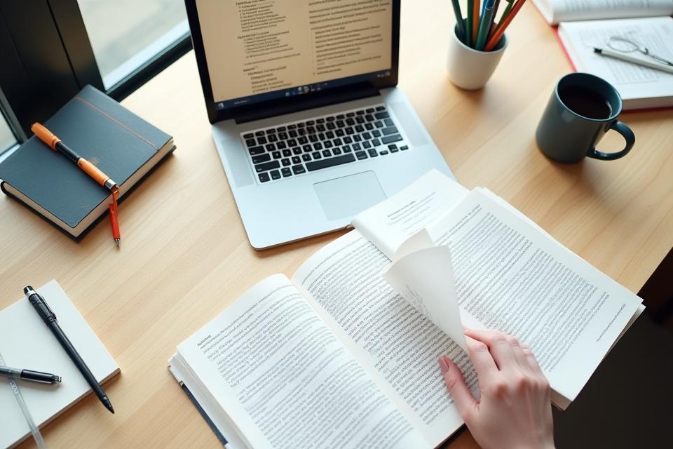 Un bureau de travail bien organisé avec livres ouverts, ordinateur et notes, symbolisant la rédaction académique.