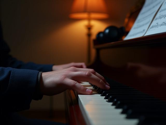Main jouant d'un piano à queue, avec des partitions et des écouteurs en arrière-plan.