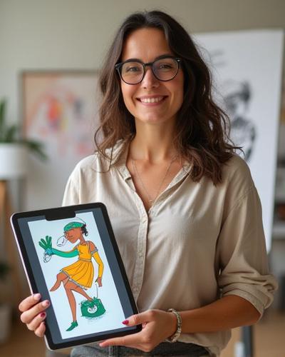 Clara, illustratrice freelance d'art numérique, souriante.