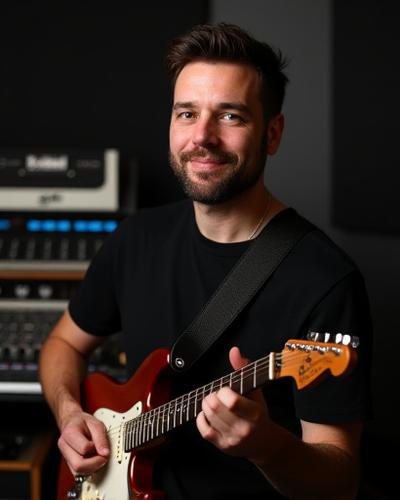 Julien, guitariste de studio, jouant de sa guitare électrique avec concentration.
