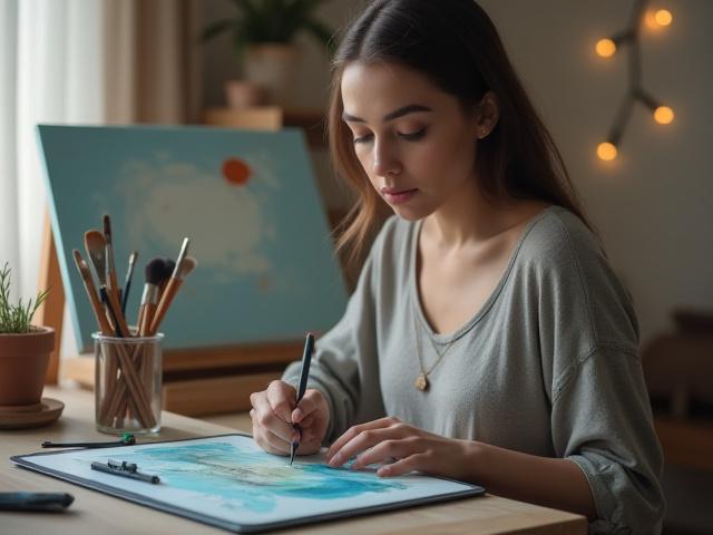 Jeune femme dessinant sur une tablette graphique, avec des toiles et des pinceaux en arrière-plan.