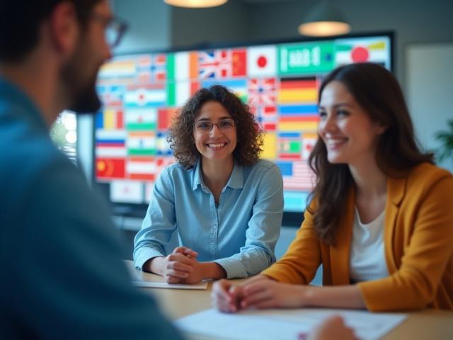 Montage visuel des drapeaux du Royaume-Uni, d'Espagne, d'Allemagne et autres, avec des personnes de diverses cultures échangeant dans une salle de classe virtuelle, symbolisant la connexion et l'apprentissage de langues.