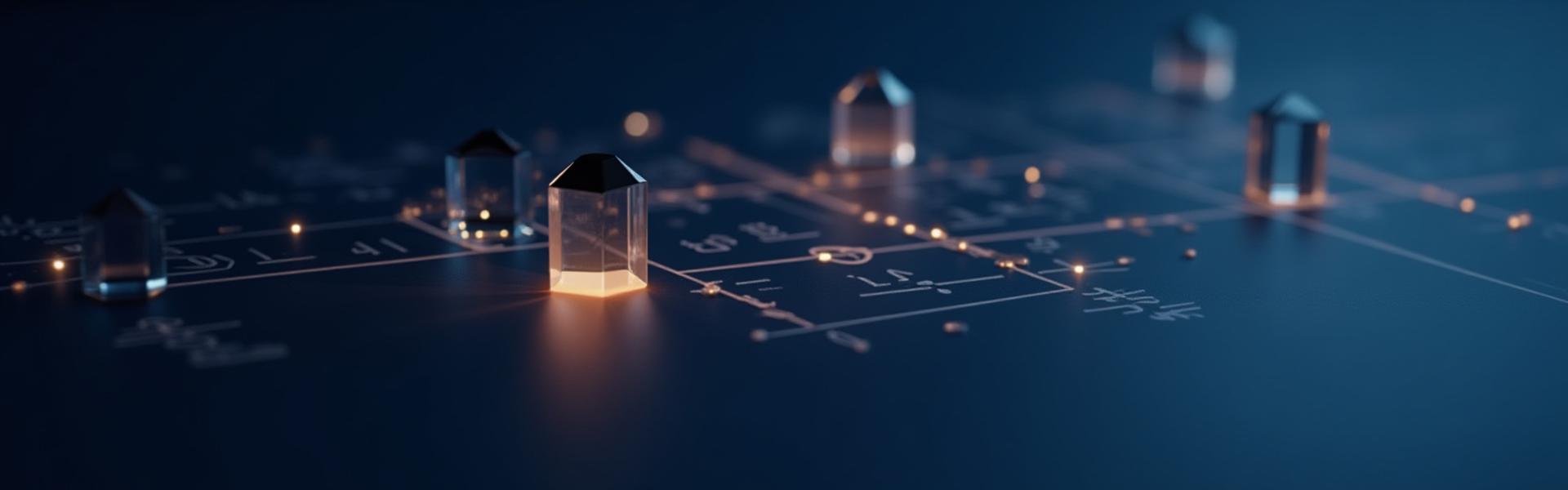 Élégante illustration d'une équation complexe et stylisée sur un tableau noir, avec des éléments géométriques lumineux