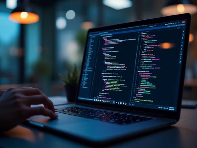 Écran d'ordinateur affichant des lignes de code élégantes dans un environnement de développement moderne