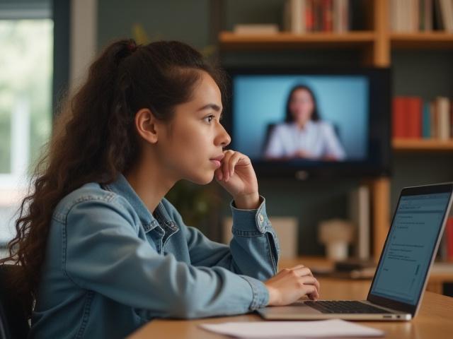 Jeune étudiant universitaire en discussion avec un coach ou tuteur en ligne