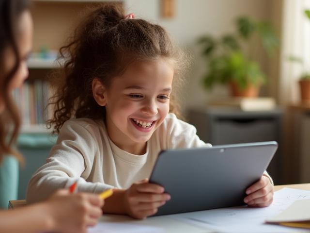 Enfant souriant et confiant étudiant à sa table avec un tuteur en ligne