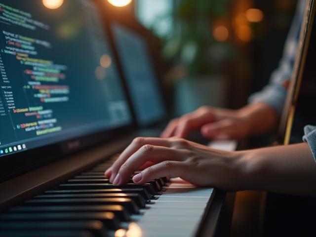 Etudiant souriant apprenant la musique et le codage en ligne