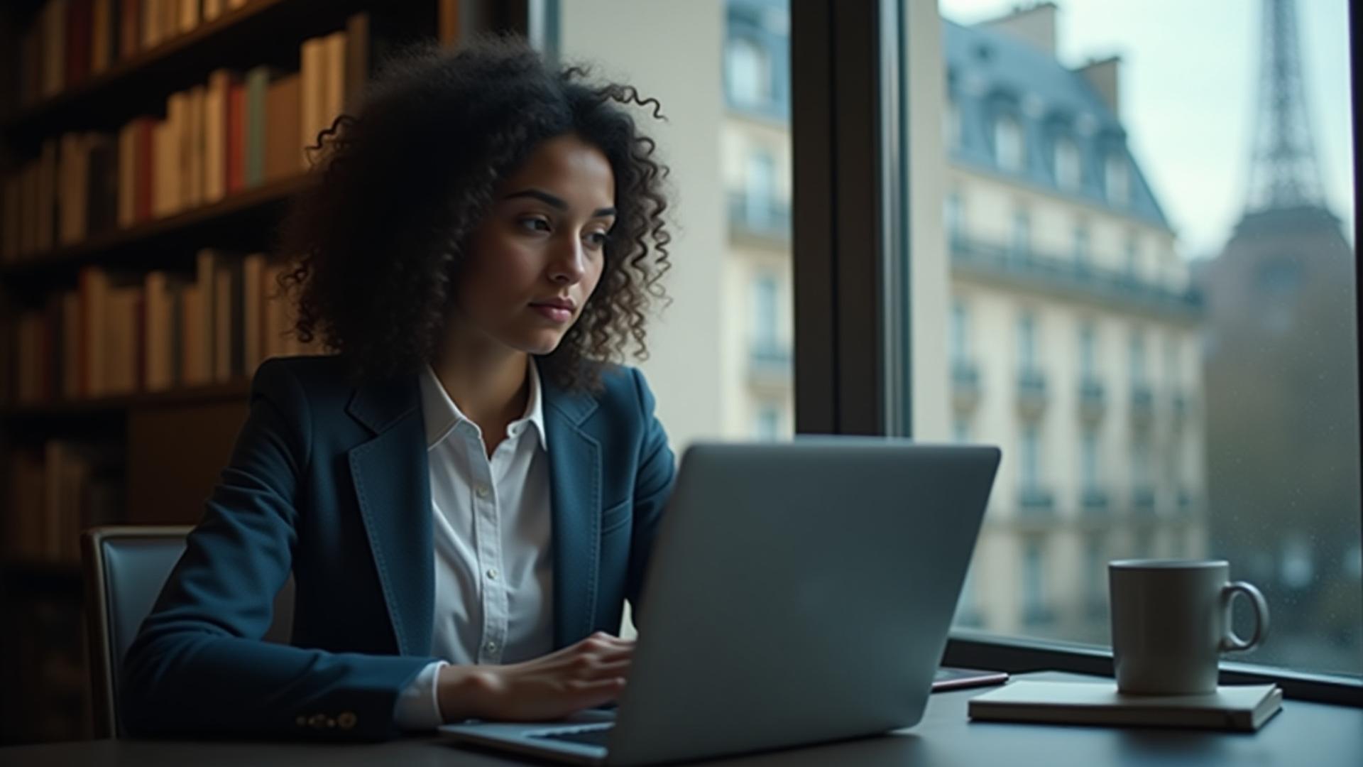 Jeune étudiant parisien concentré sur ses études en ligne avec des symboles académiques subtils