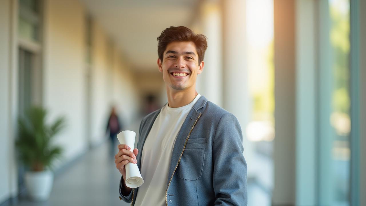 Un étudiant souriant et confiant brandissant ses résultats d'examen avec joie.