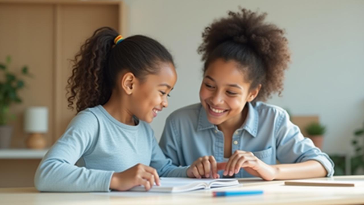 Un enfant et un tuteur souriants travaillant ensemble sur une tablette, avec une atmosphère douce et encourageante.