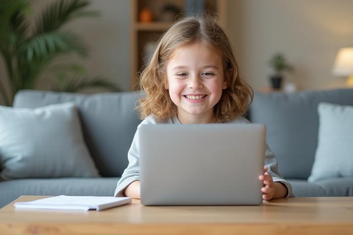 Un jeune élève souriant devant son ordinateur, avec un tuteur bienveillant visible sur l'écran, dans un salon moderne et chaleureux.