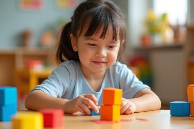 Jeune enfant souriant, utilisant des cubes colorés pour apprendre les chiffres, avec un environnement lumineux et ludique.