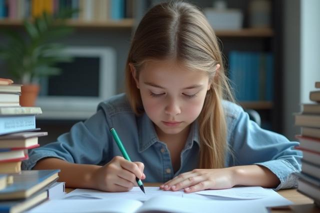 Adolescent concentré, stylo à la main, étudiant des manuels scolaires dans un bureau rangé, symbolisant la méthodologie et l'organisation.